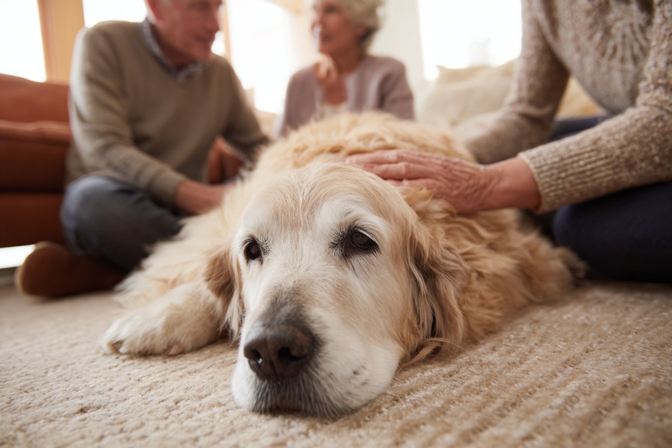 Senior golden retriever resting peacefully at home with family