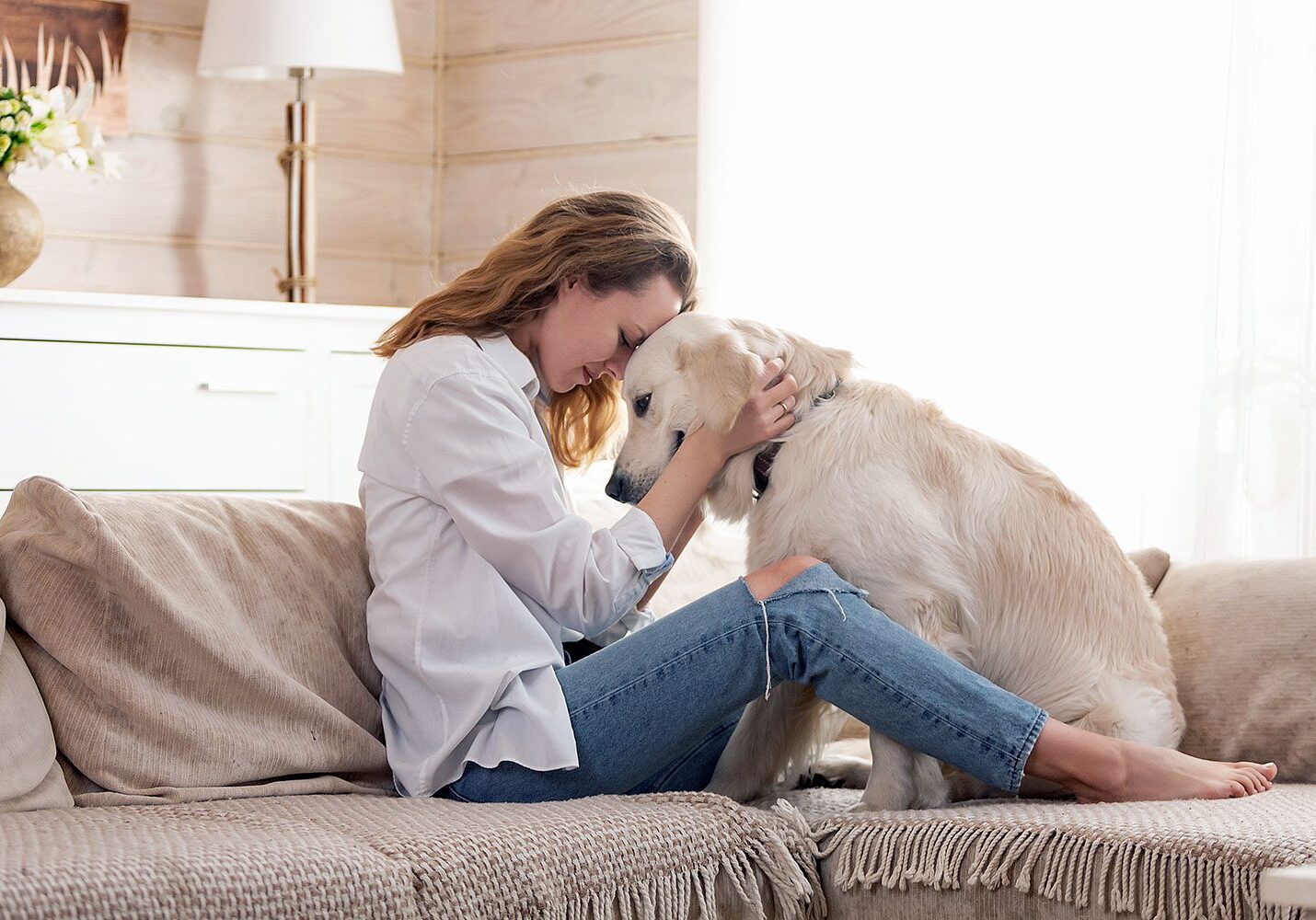 Veterinarian providing In-Home Pet Euthanasia guidance with a family in Houston - TX beside an aging dog
