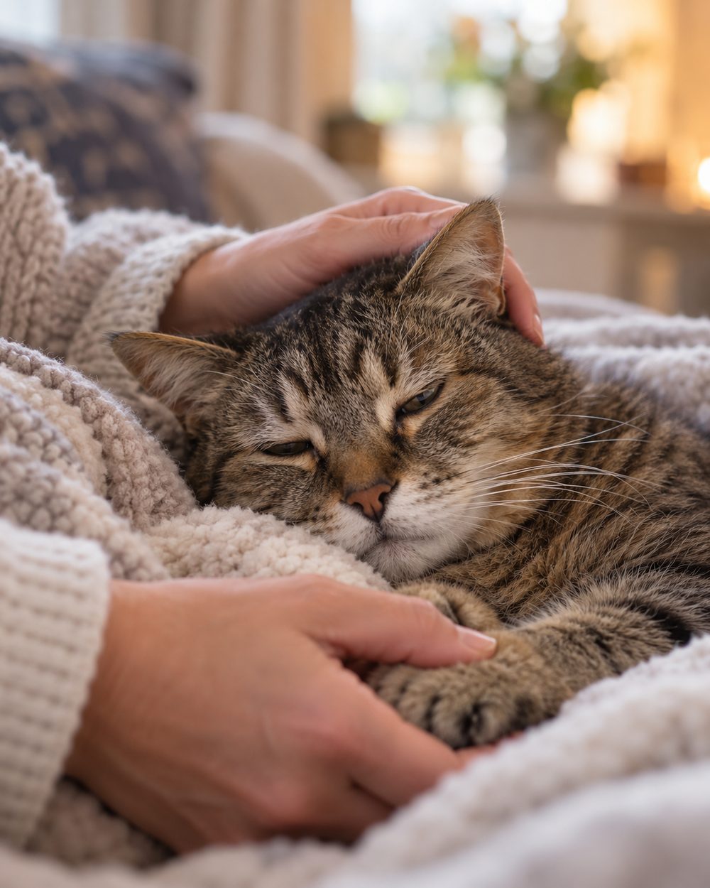 Cat Euthanasia at Home in Kingwood - TX taking place beside a resting cat on a blanket
