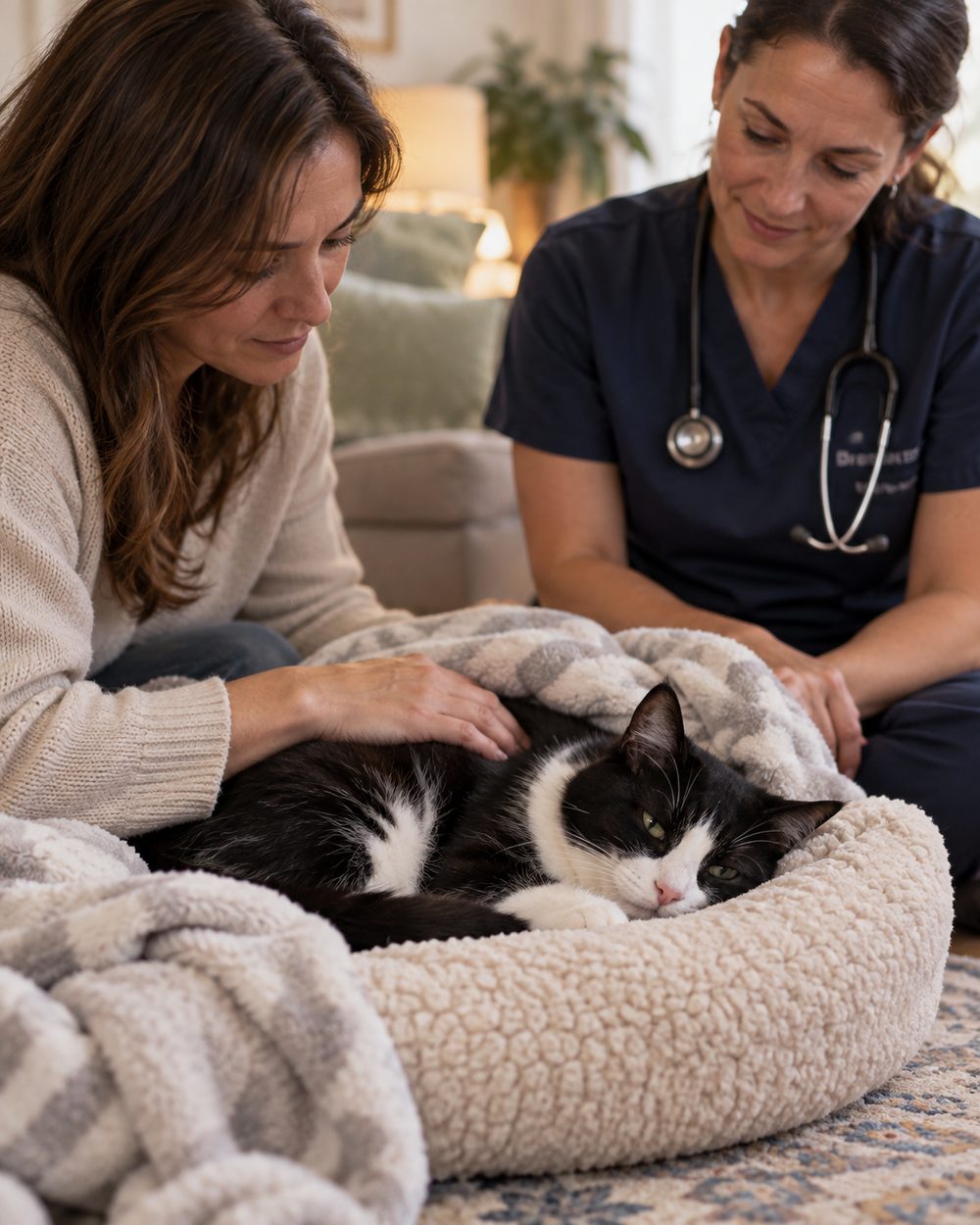 Cat Euthanasia at Home in Conroe - TX taking place as a family sits quietly beside their cat