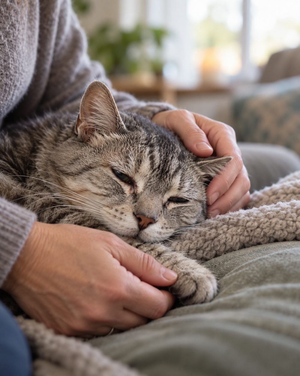Veterinarian discussing Cat Euthanasia at Home options with a family in Conroe - TX near a resting cat