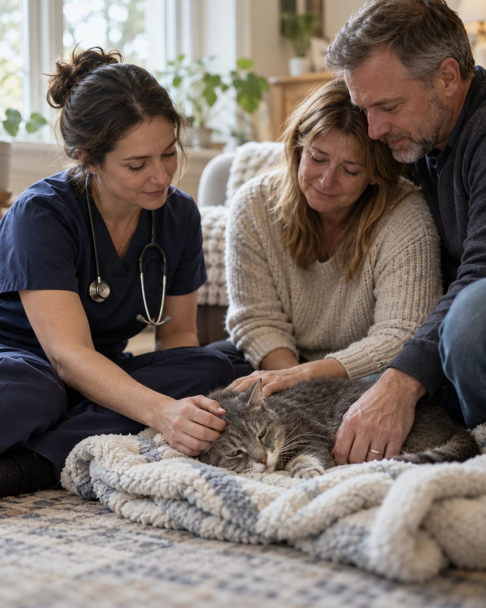 Cat Euthanasia at Home in The Woodlands - TX as a veterinarian comforts a senior cat
