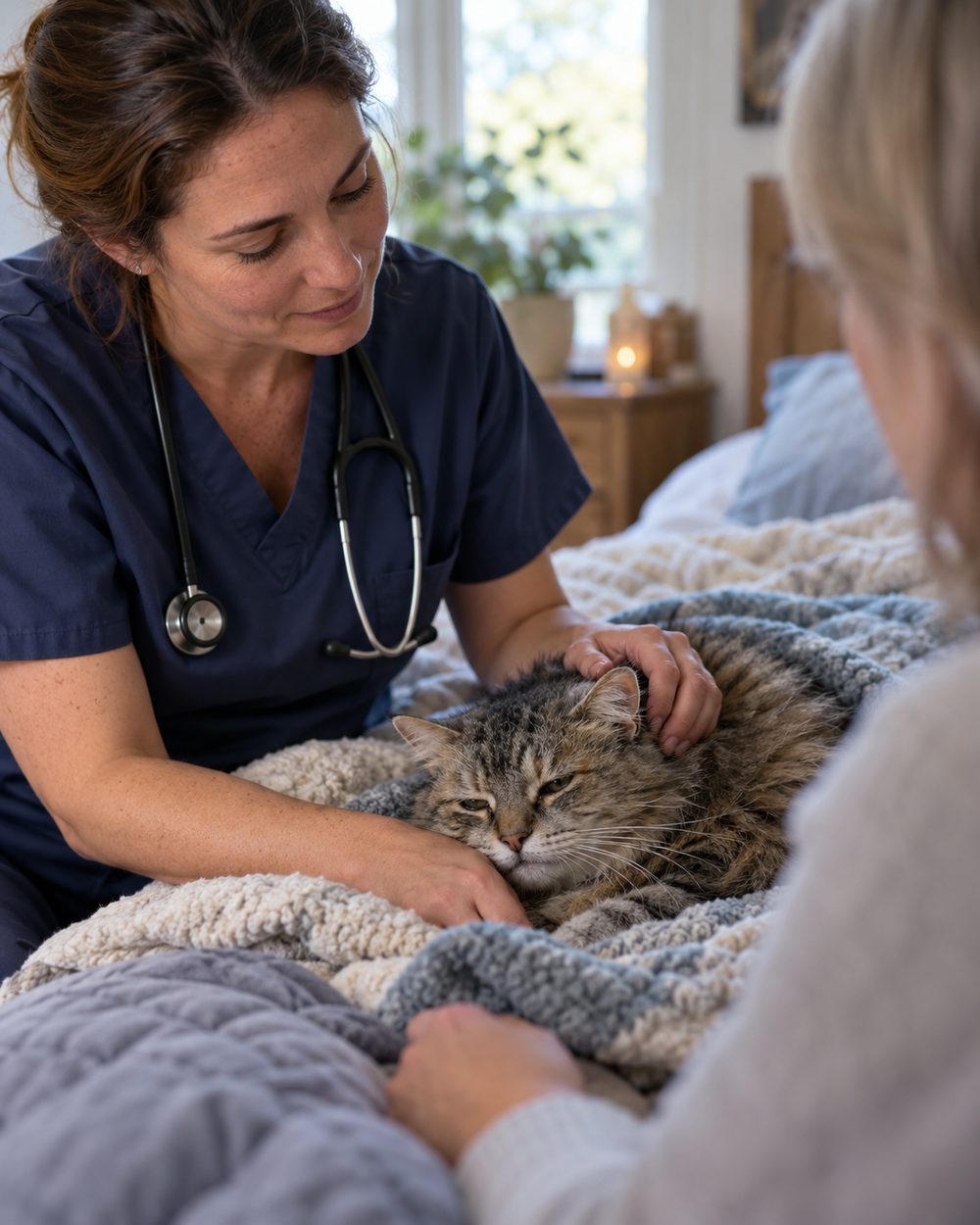 Cat Euthanasia at Home in Spring - TX as a veterinarian gently comforts an aging cat