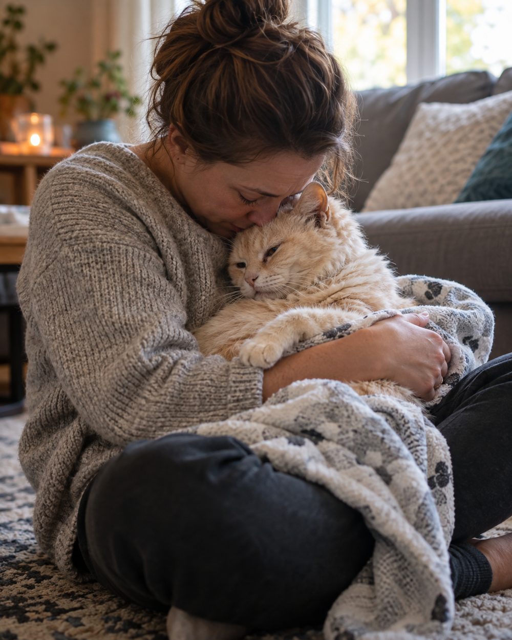 Veterinarian performing Cat Euthanasia at Home for a resting cat in a Spring - TX living room