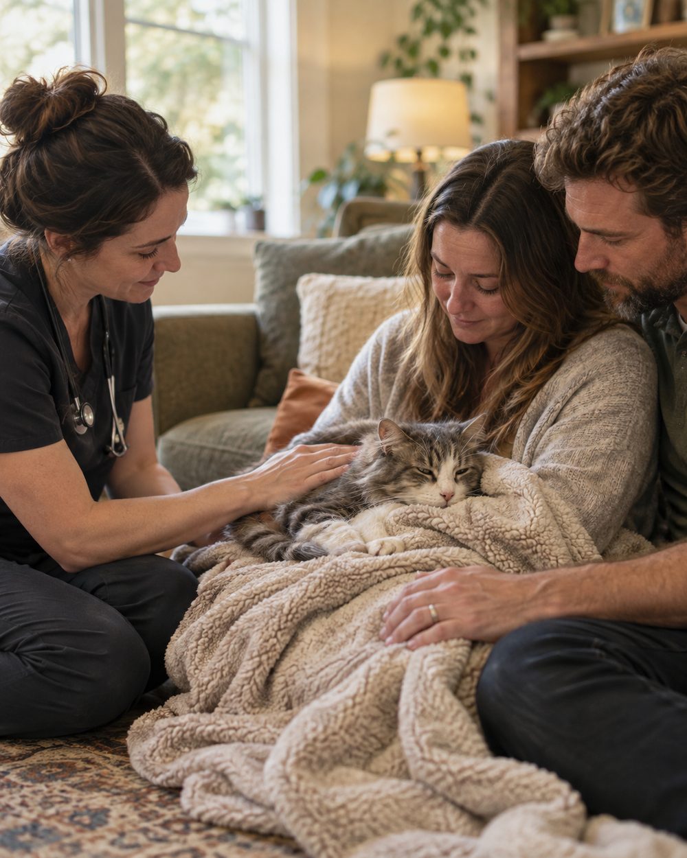 Cat Euthanasia at Home in Atascocita - TX as a veterinarian gently sits beside a senior cat