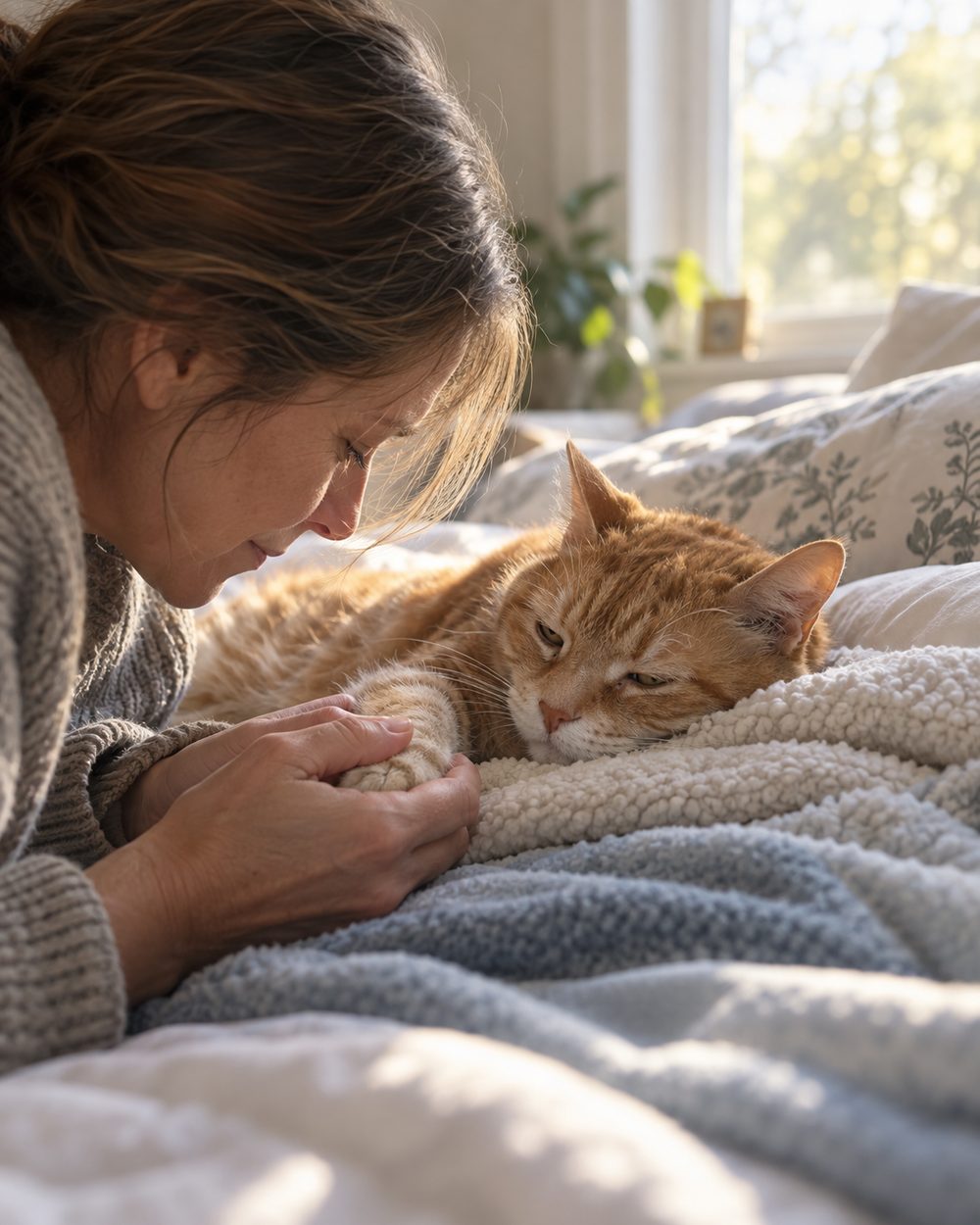 Veterinarian providing Cat Euthanasia at Home beside a resting cat in an Atascocita - TX bedroom