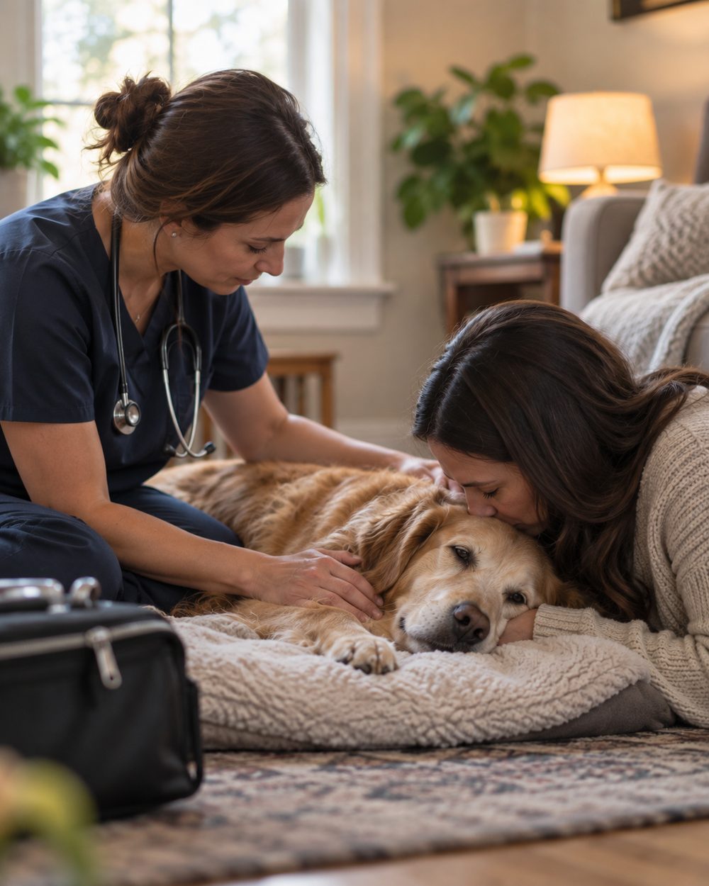 In Home Euthanasia in Montgomery County - TX taking place as a veterinarian comforts a senior dog, In Home Euthanasia in Atascocita - TX taking place as a family sits quietly beside an aging pet