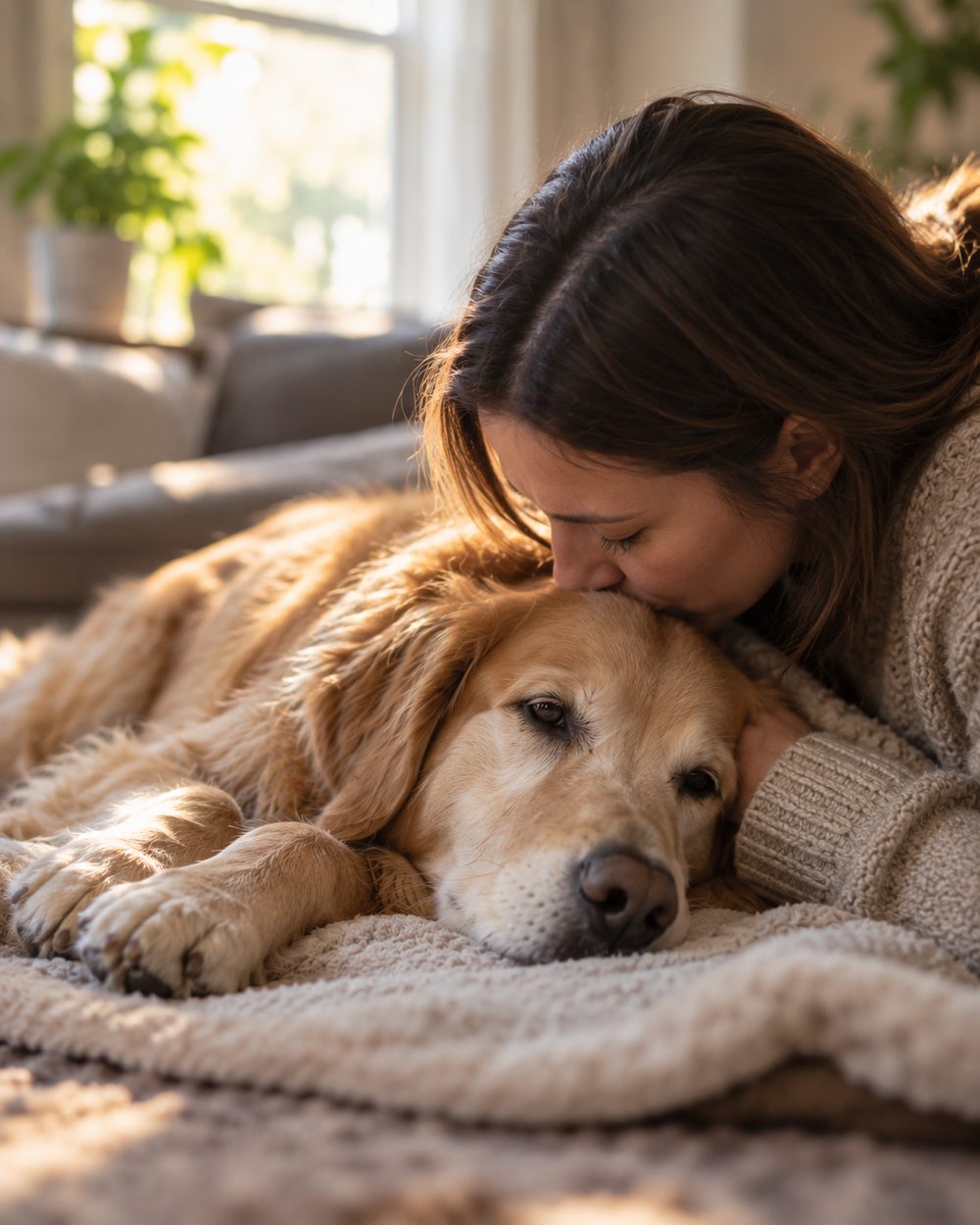 Veterinarian providing In Home Euthanasia guidance with a family in Montgomery County - TX living room, Veterinarian providing In Home Euthanasia beside a resting dog in a calm Atascocita - TX living room