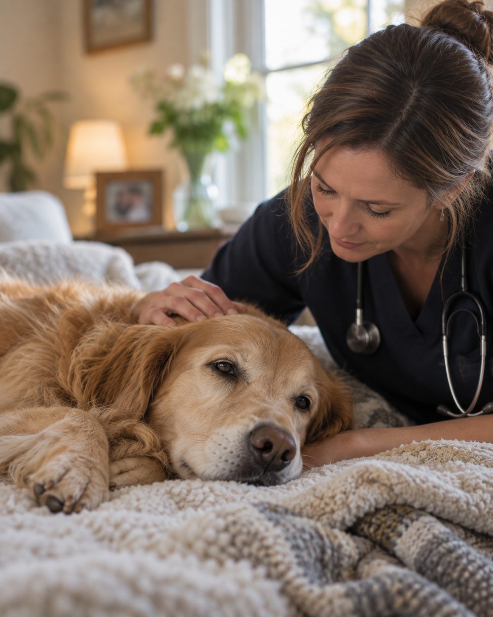 In Home Euthanasia in Harris County - TX taking place as a veterinarian comforts a resting dog, In Home Euthanasia in Kingwood - TX taking place as a veterinarian comforts a senior dog on a blanket