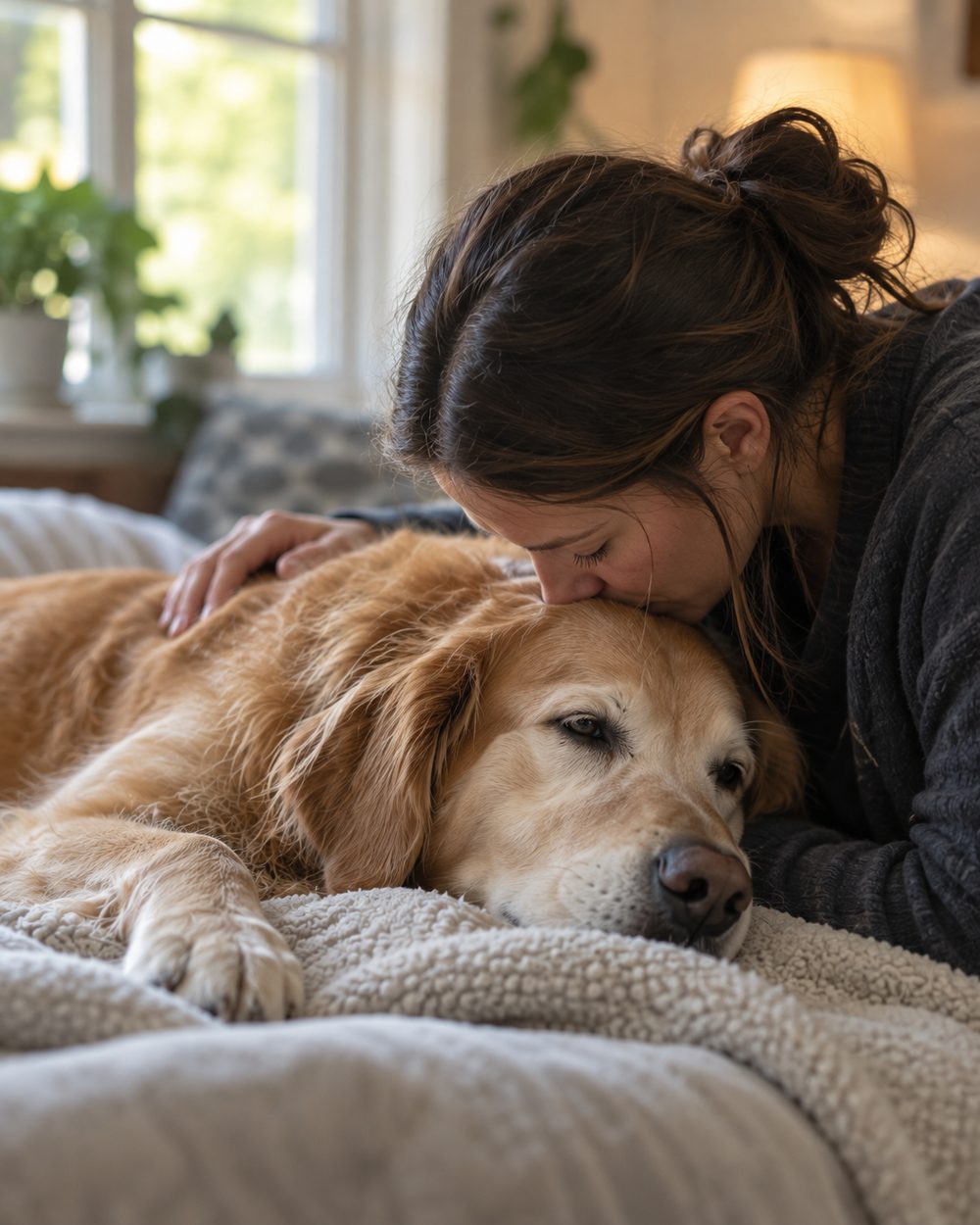 Veterinarian discussing In Home Euthanasia options with a family inside a Harris County - TX home, Veterinarian performing In Home Euthanasia in a quiet Kingwood - TX den while family sits nearby