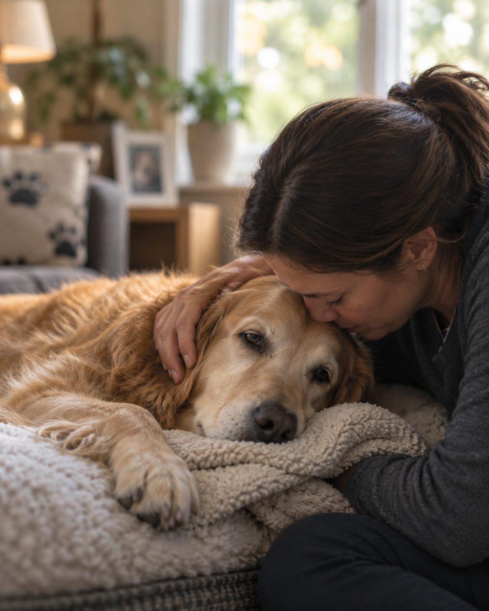 In Home Euthanasia in Conroe - TX taking place as a family comforts an aging dog indoors, Dog Euthanasia at Home in Conroe - TX as a veterinarian comforts an older dog beside family
