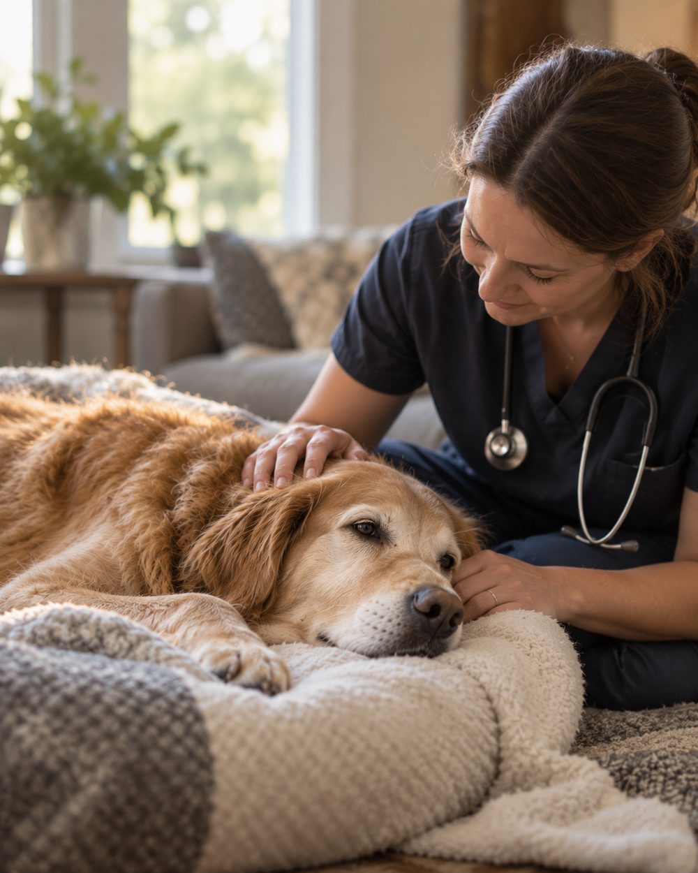 Veterinarian preparing for In Home Euthanasia beside a resting pet in a Conroe - TX home, Veterinarian providing Dog Euthanasia at Home in a quiet Conroe - TX living room with a resting dog