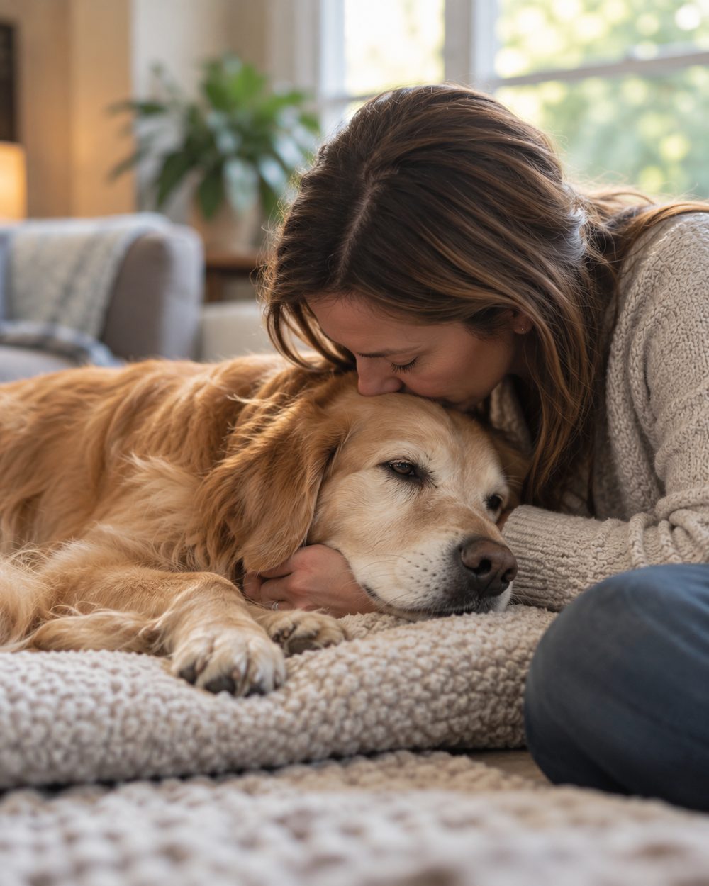 In Home Euthanasia in The Woodlands - TX taking place as a family sits quietly with a senior pet, Dog Euthanasia at Home in The Woodlands - TX as a veterinarian kneels beside a calm senior dog
