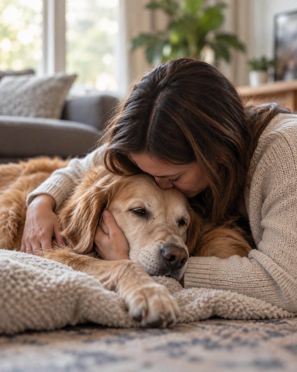 Veterinarian beginning In Home Euthanasia beside a resting dog in a The Woodlands - TX living room, Dog Euthanasia at Home in Spring - TX as a veterinarian comforts a senior dog on a blanket