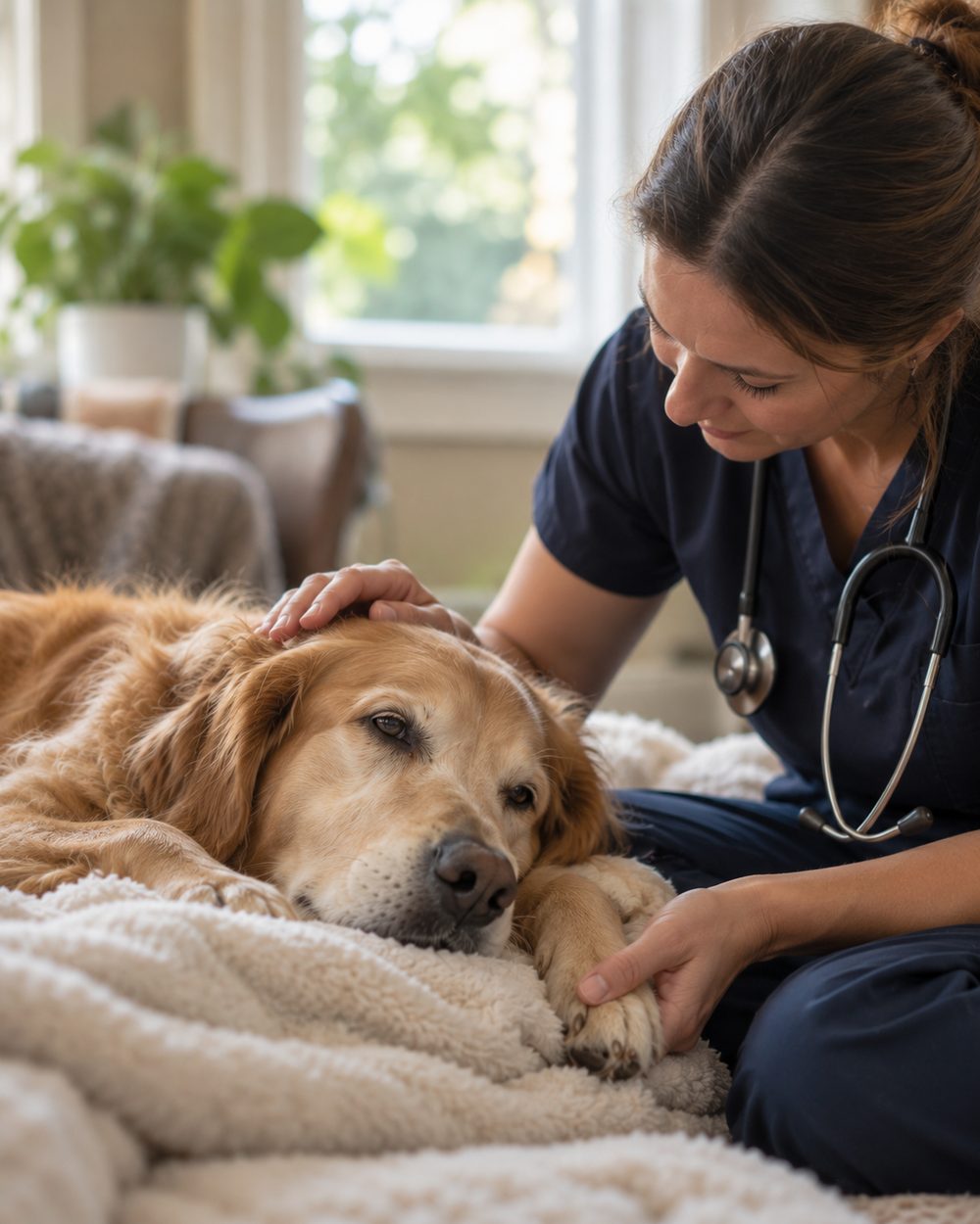 In Home Euthanasia in Spring - TX taking place as a family comforts an aging dog on a blanket