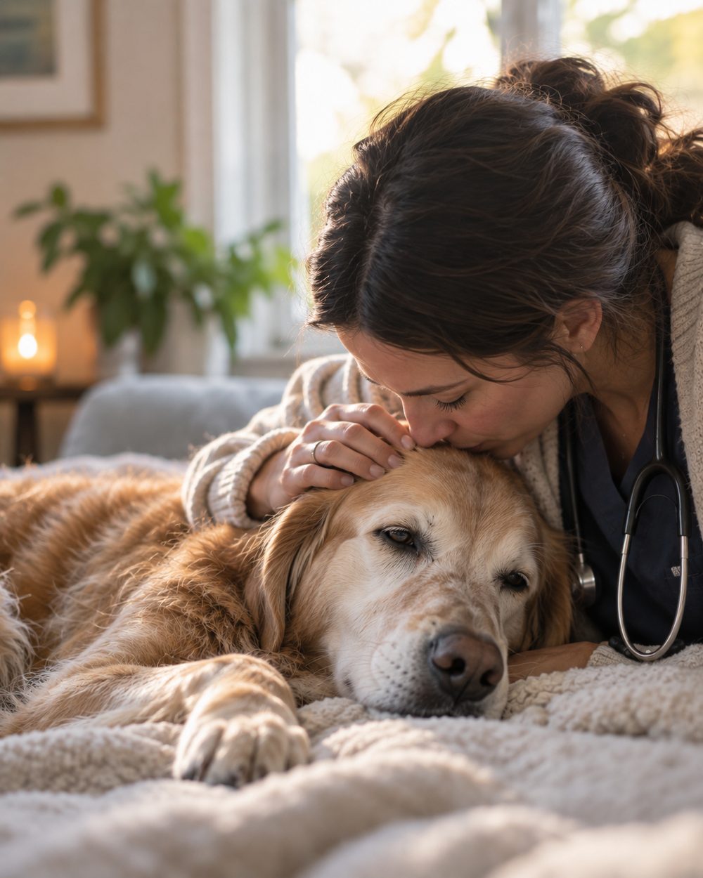 Veterinarian performing In Home Euthanasia for a resting pet inside a quiet Spring - TX family room, Veterinarian performing Dog Euthanasia at Home for a resting dog in The Woodlands - TX family room