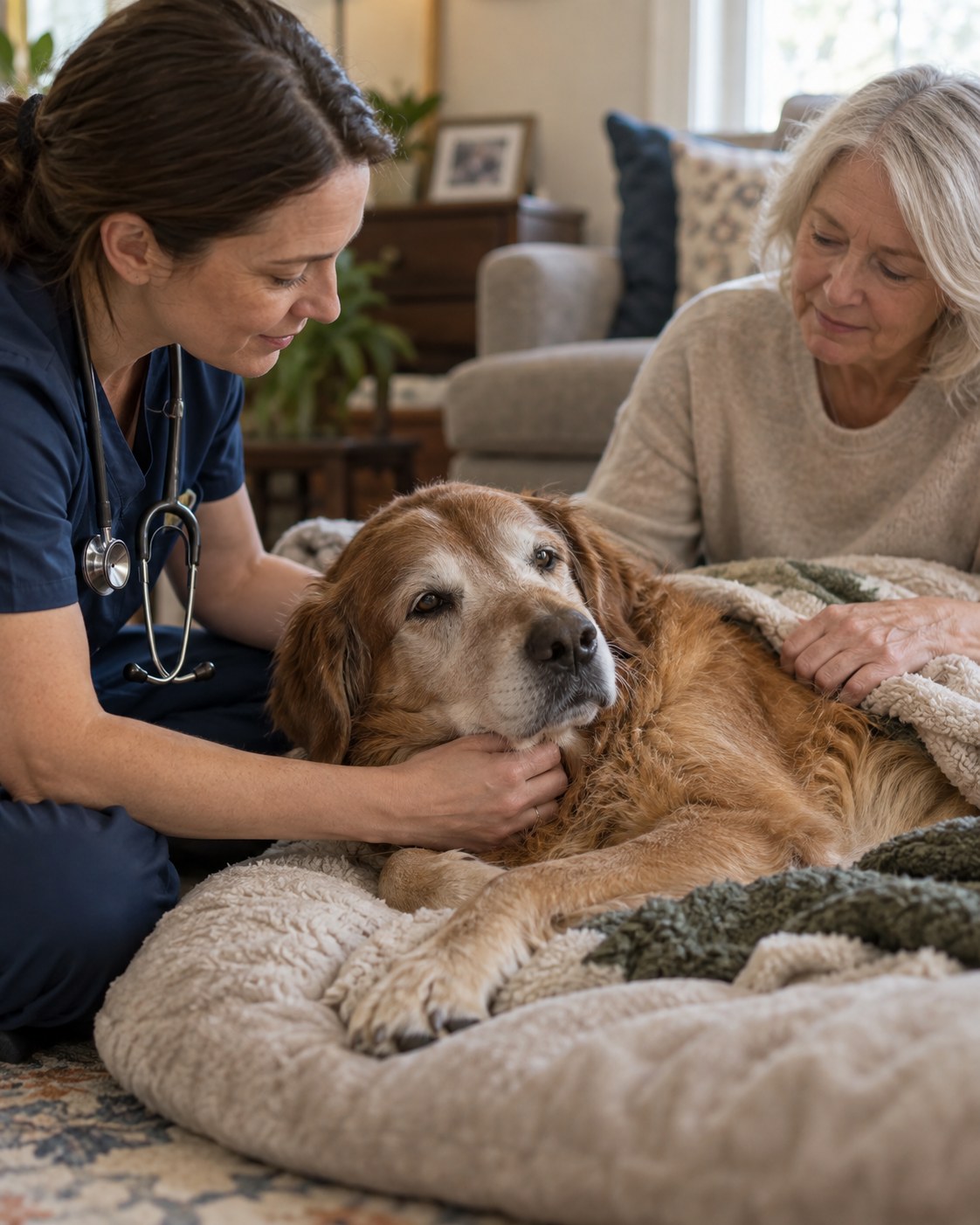 In home Pet Hospice in Atascocita - TX as a veterinarian checks a resting senior dog on a blanket