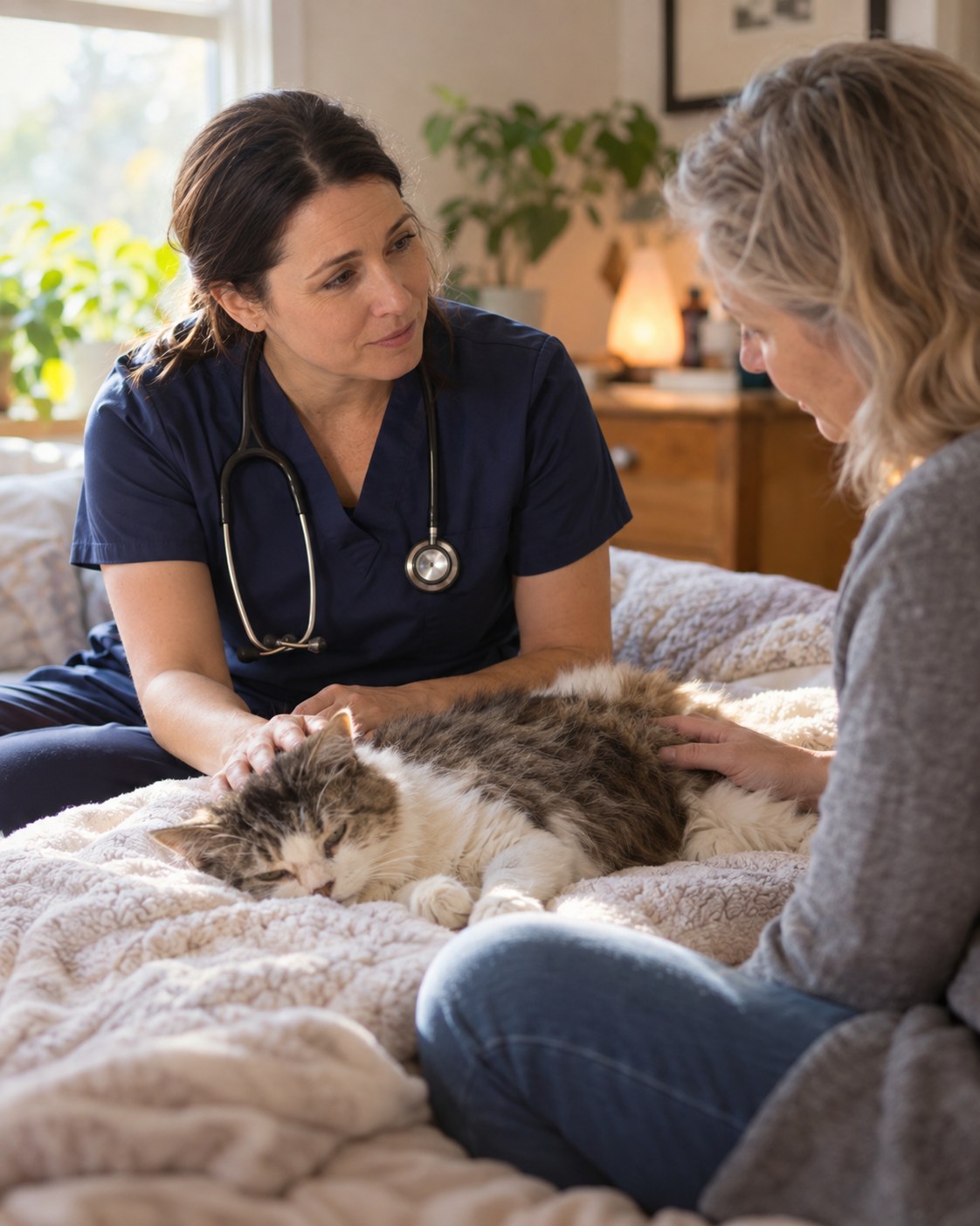 Veterinarian providing In home Pet Hospice for a senior pet in an Atascocita - TX living room