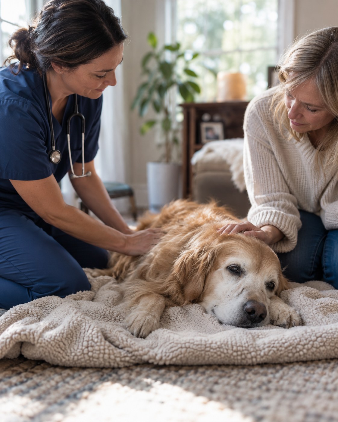 In home Pet Hospice in Conroe - TX as a caregiver comforts an elderly dog beside a living room sofa