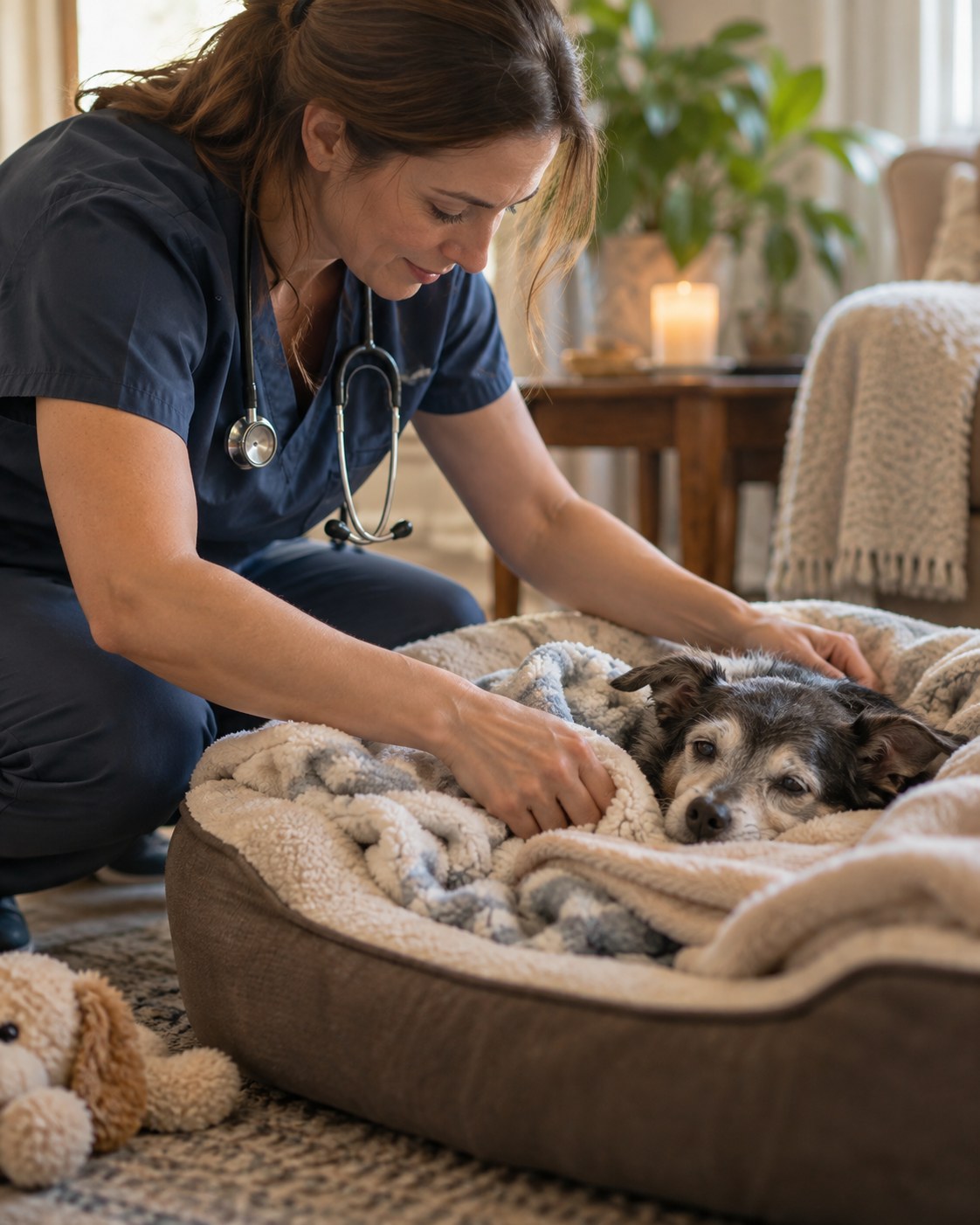 Veterinarian delivering In home Pet Hospice support in a Conroe - TX home while assessing a resting senior cat