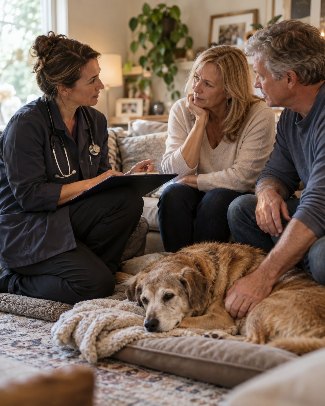 In home Pet Hospice in The Woodlands - TX as a caregiver gently checks on a resting senior dog