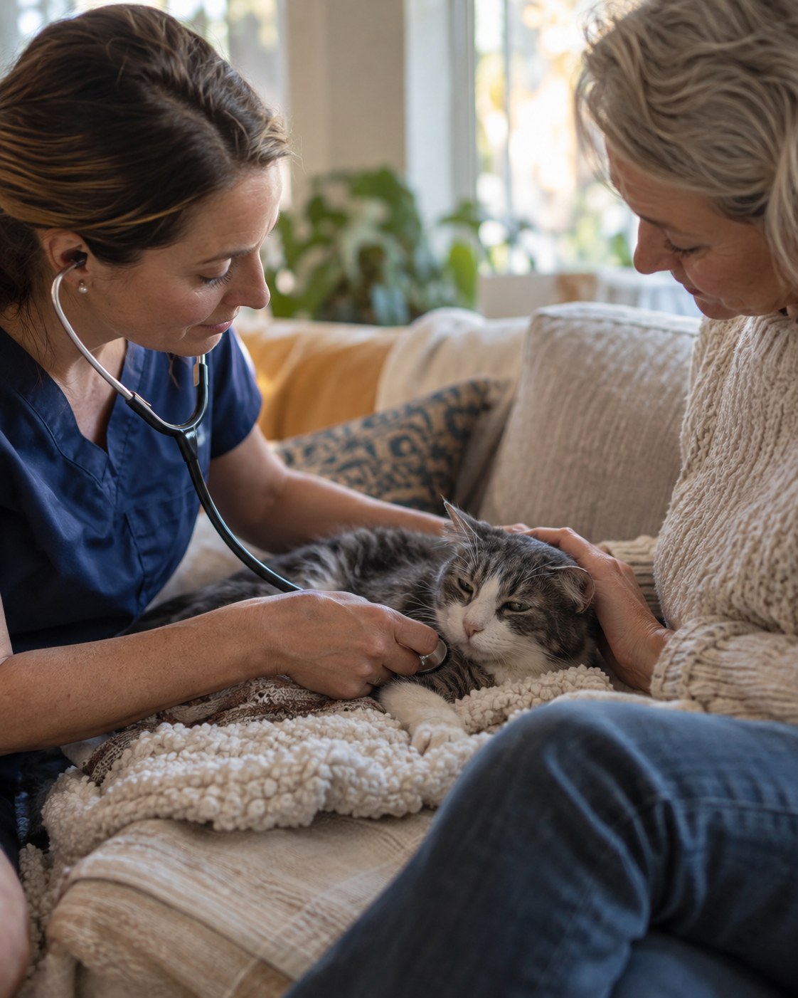 Veterinarian providing In home Pet Hospice guidance in a The Woodlands - TX living room beside a senior cat