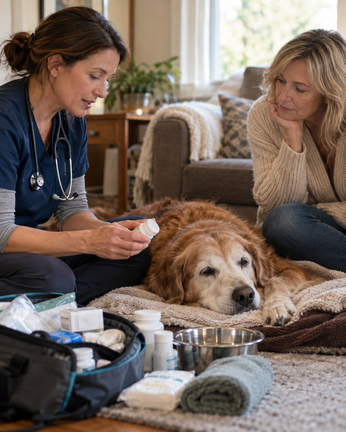 In home Pet Hospice in Spring - TX as a caregiver adjusts blankets for a resting senior pet