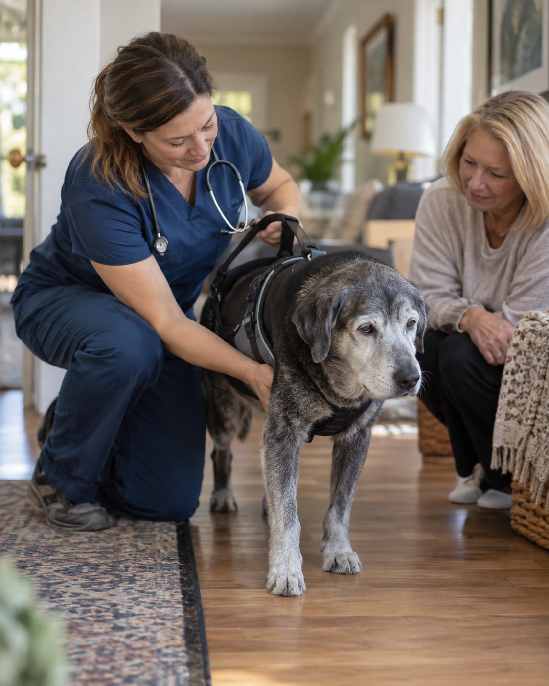 Veterinary professional providing In home Pet Hospice support in a Spring - TX family room beside an aging dog
