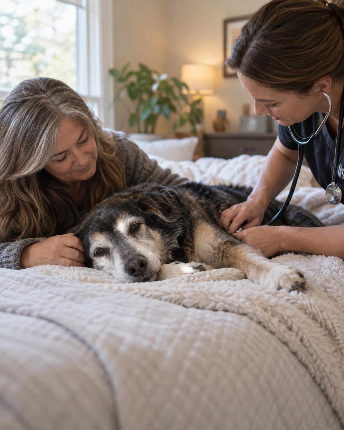 A hospice veterinarian providing In home Pet Hospice guidance in a Kingwood - TX den with a senior cat